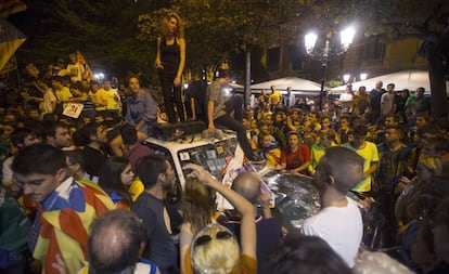 Demonstrators outside the regional economy department in Barcelona on September 21, 2017