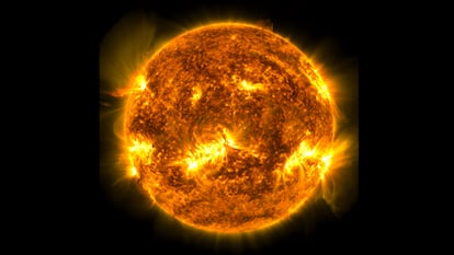 An X1.0-class solar flare on the left side of the Sun on January 10, 2023, captured by NASA's Solar Dynamics Observatory.