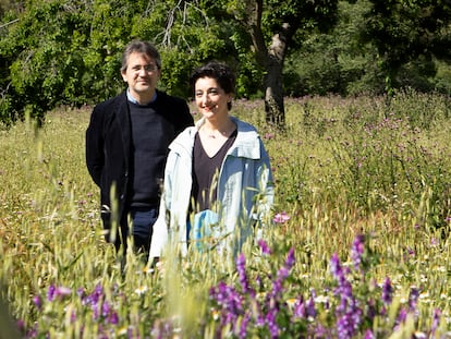 El escritor Gonzalo Torné y la traductora Itziar Hernández Rodilla, en la Quinta de Torre Arias, en Madrid.
