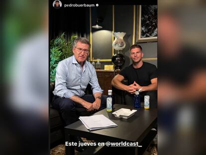 Foto con Alberto Núñez Feijóo con la que el 'influencer' Pedro Buerbaum anuncia la entrevista con él en sus redes sociales de Worldcast.