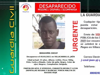 Petición de colaboración ciudadana emitida por la Guardia Civil para buscar a Ibrahim Diouf en Jaén, el 10 de julio de 2023.