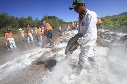 Empleados de Grupo México y de empleo temporal del estado de Sonora realizan labores de limpieza en el Río Sonora y Bacanuchi, en el municipio de Arizpe, en agosto de 2014.