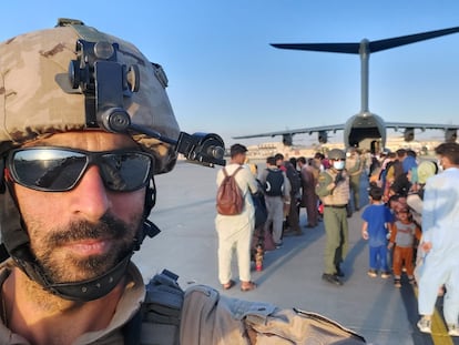 Captain Javier Escorihuela at Kabul airport during the evacuation mission.