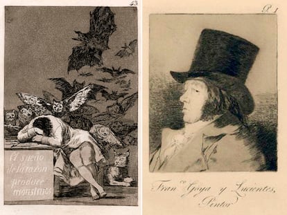 Desde la izquierda, 'El sueño de la razón produce monstruos', de Francisco de Goya (1799) y autorretrato de Goya vestido de caballero.