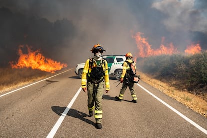 Dos bomberos luchan contra el fuego en las inmediaciones de Molezuelas de la Carballeda, Zamora.