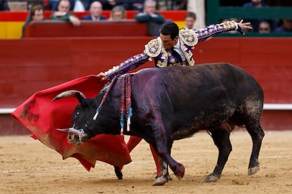 El diestro, José María Manzanares, da un pase a su segundo astado durante la corrida de toros de la Feria de Fallas, el 17 de marzo.