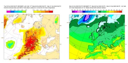 El índice Efi marca valores inusuales del miércoles al domingo en la mayor parte de Europa y muy inusuales en el tercio norte peninsular, el este, Baleares y buena parte de Francia.