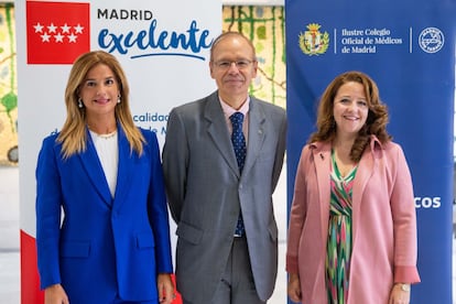 Elena Mantilla, Directora General de Madrid Excelente; Manuel Martínez-Sellés, presidente del Colegio de Médicos de Madrid y Fátima Matute, consejera de Sanidad de la Comunidad de Madrid, este lunes, en una foto cedida por el Colegio de Médicos.