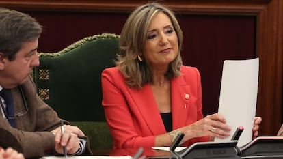 Cristina Ibarrola, aún alcaldesa de Pamplona, durante el pleno de la moción de censura en el Ayuntamiento de Navarra.