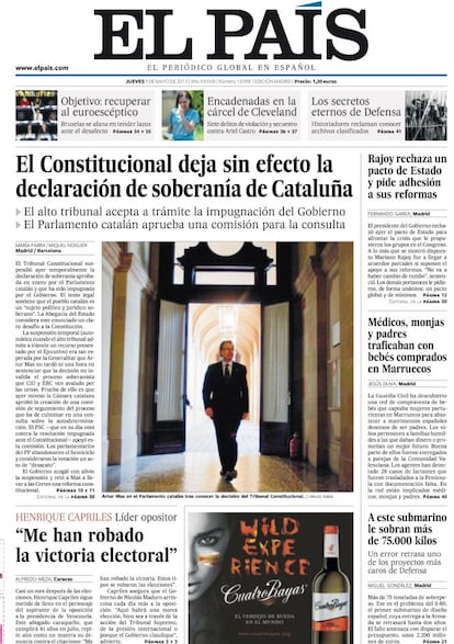 9 de mayo de 2013. El Tribunal Constitucional suspende temporalmente la declaracin de soberana aprobada por el Parlamento cataln e impugnada despus por el Gobierno central.