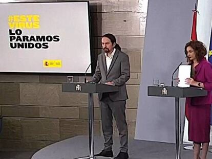 La vicepresidenta de Asuntos Económicos y Transformación Digital, Nadia Calviño (derecha), la portavoz del Gobierno y ministra de Hacienda, María Jesús Montero (centro), y el vicepresidente segundo y ministro de Derechos Sociales y Agenda 2030, Pablo Iglesias, en La Moncloa.