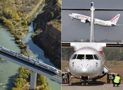 Fotomontaje de un tren AVE de Renfe y un avión de Air Europa