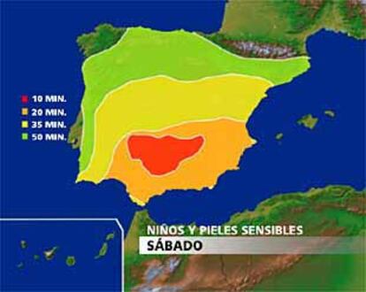 Uno de los mapas de CNN+ con el tiempo recomendado de exposición al sol.