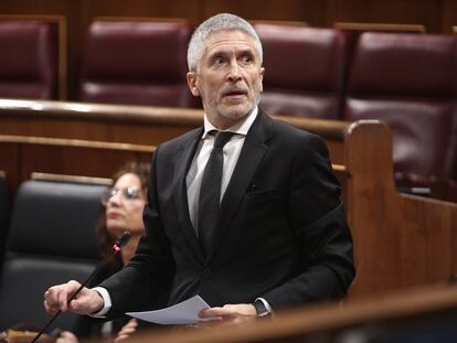 El ministro del Interior, Fernando Grande Marlaska, durante su intervención en el pleno del Congreso, este miércoles.