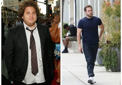 A la izquierda, Jonah Hill en la presentación de 'Supersalidos' en 2007. A la derecha, el actor paseando por Los Ángeles el pasado mes de mayo.