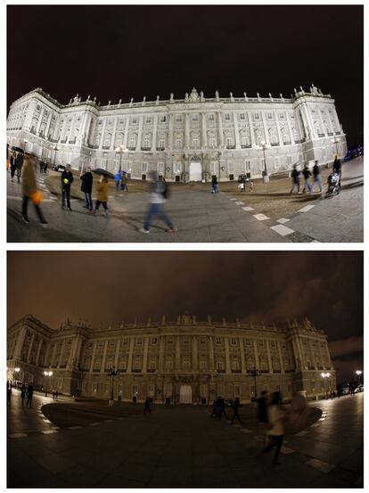 Imágenes del Palacio Real de Madrid, antes y durante la Hora del Planeta.