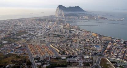 An aerial view over the Rock of Gibraltar and the Spanish town of La Línea de la Concepción.