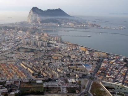 An aerial view over the Rock of Gibraltar and the Spanish town of La Línea de la Concepción.