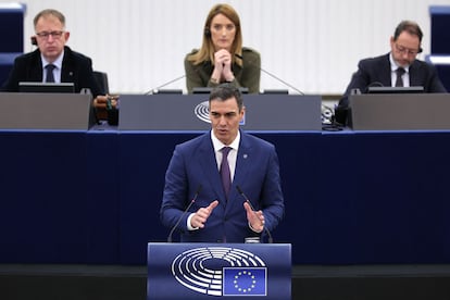 El presidente del Gobierno, Pedro Sánchez, durante su intervención. 