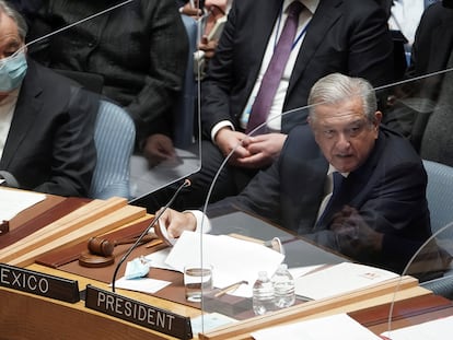 López Obrador junto a António Guterres en el Consejo de Seguridad de la ONU, el 9 de noviembre de 2021.