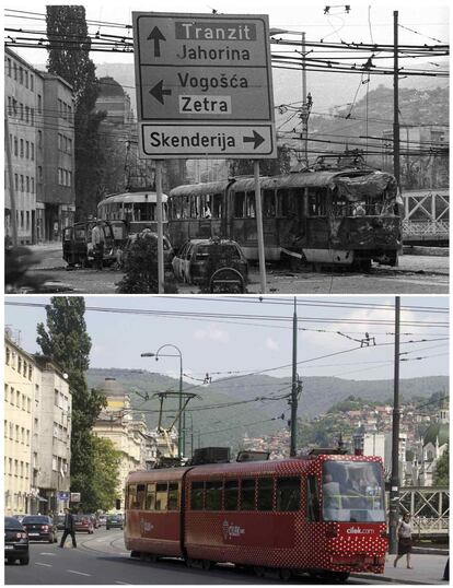 Otras dos fotografías de la plaza Skenderija de Sarajevo, en marzo de 1992 y en la actualidad.