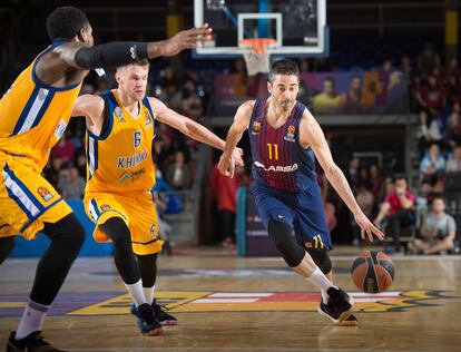 Juan Carlos Navarro, 11 del FC Barcelona Lassa en acción durante el partido de la de la EuroLeague de Turkish Airlines 2017/2018 entre el FC Barcelona Lassa y la Región Khimki de Moscú, en el Palau Blaugrana, el 5 de abril de 2018 en Barcelona.