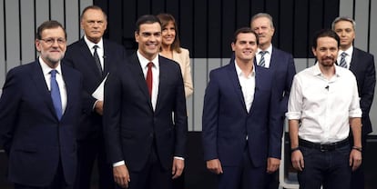 Los cuatro candidatos a la presidencia del Gobierno antes del debate celebrado en junio de 2016.
