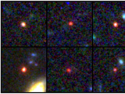 This image provided by NASA and the European Space Agency shows images of six candidate massive galaxies, seen 500-800 million years after the Big Bang.