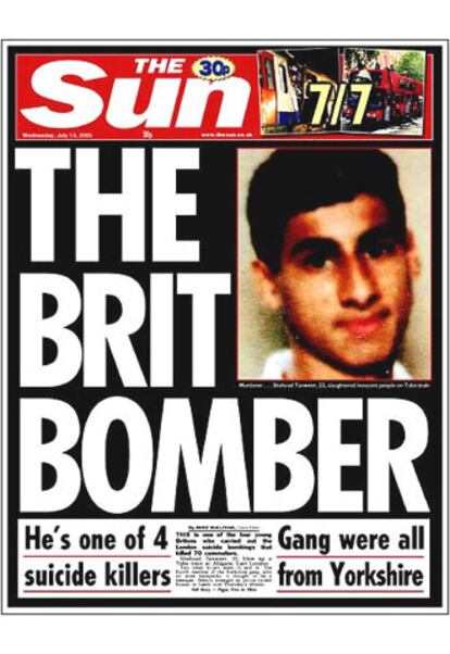 Retrato de Shahzad Tanweer en la portada del diario <i>The Sun</i> de hoy.