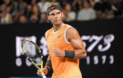 Nadal celebra este jieves un punto ante Tsitsipas en las semifinales del Open de Australia.