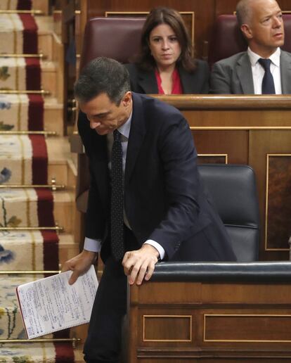 Pedro Sánchez, antes de su turno de réplica a Gabriel Rufián, portavoz de ERC en el Congreso. 