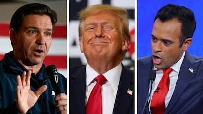 Ron DeSantis, Donald Trump y Vivek Ramaswamy.