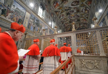 The cardinals enter the Sistine Chapel during the last conclave, held in 2013.