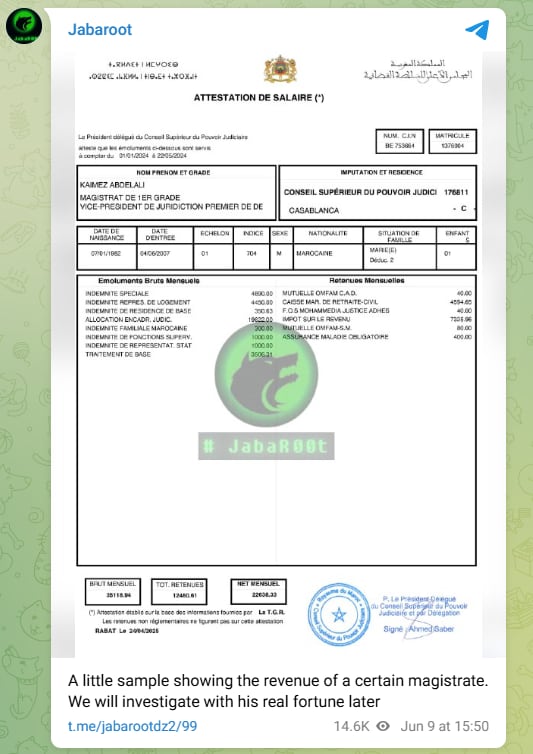Nómina de un juez marroquí obtenida por los hackers argelinos y difundida en Telegram.