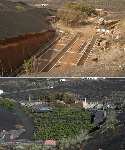 Aspecto del barranco del Obispo al comienzo de las obras en 2003 y tras concluirse la bodega.