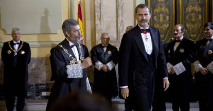 El president del Suprem, Carlos Lesmes, i el Rei, aquest dimarts en l'obertura de l'any judicial.