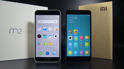 Los dos móviles comparados, el Meizu M2Note y el Xiaomi Red Rice Note 2.