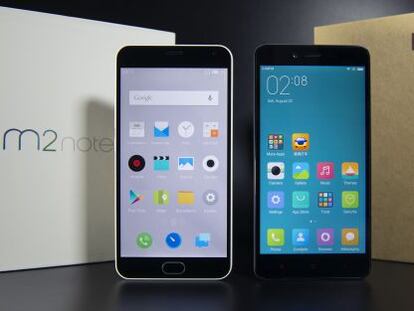 Los dos m&oacute;viles comparados, el Meizu M2Note y el Xiaomi Red Rice Note 2.