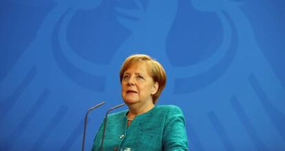 La canciller alemana, Angela Merkel, durante una rueda de prensa, este jueves en Berlín.
