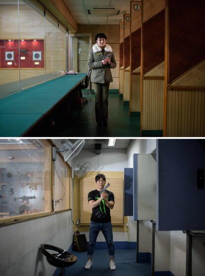 Arriba, la instructora de tiro Kim Su Ryon posa en el centro Maeri de Pyongyang, el 21 de febrero de 2017. Abajo, el instructor surcoreano Lee Chi-yoon, fotografiado en el centro de tiro Mokdong de Seúl, el 25 de mayo de 2017.
