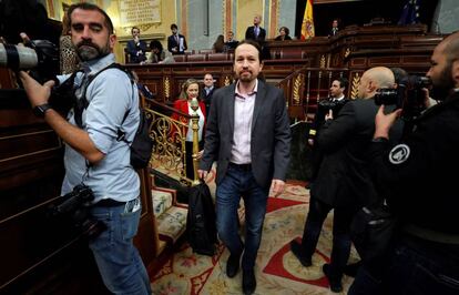 El líder de Unidas Podemos, Pablo Iglesias, a su llegada al Congreso de los Diputados.