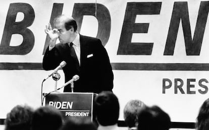 1987 年，約瑟夫·拜登在愛荷華州競選美國總統期間。