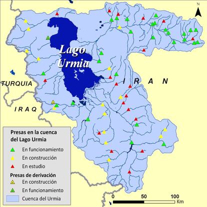 Fuente: Hassanzadeh, E., Zarghami, M., Hassanzadeh, Y. (2011). Determining the Main Factors in Declining the Urmia Lake Level by Using System Dynamics Modeling. Water Resources Management, 26(1), 129-145. doi: 10.1007/s11269-011-9909-8. visualización por UNEP GRID Sioux Falls.