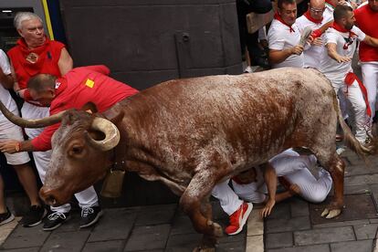 A halter runs over several runners during the fifth running of the bulls of San Fermín, this Thursday in Pamplona. 