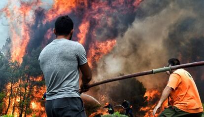 Varios bomberos y voluntarios luchan contra las llamas en un incendio en Verori, cerca de Loutraki (Grecia).