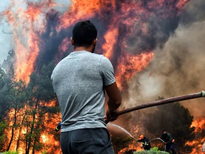 Varios bomberos y voluntarios luchan contra las llamas en un incendio en Verori, cerca de Loutraki (Grecia).