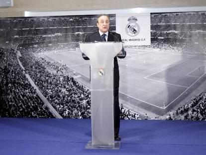 Florentino Pérez, en una rueda de prensa en el Bernabéu.