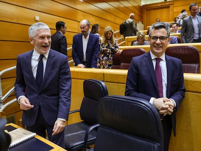 El ministro del Interior, Fernando Grande-Marlaska (izquierda), junto al ministro de la Presidencia, Félix Bolaños, durante la sesión de control al Gobierno en el Senado, celebrada este martes.