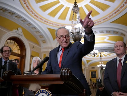 U.S. Senate Majority Leader Chuck Schumer (D-NY) speaks during a press conference following the weekly Senate caucus luncheons on Capitol Hill in Washington, March 12, 2024.