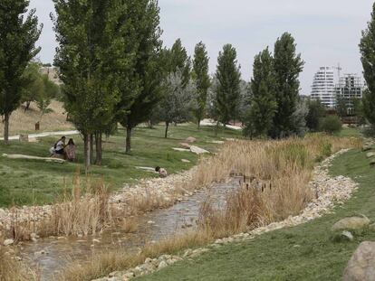 Zona de bancales en el parque. A lo lejos, a la derecha, varias edificaciones de Valdebebas.